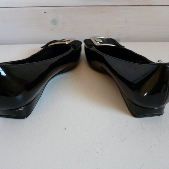 Stuart Weitzman Black Patent Leather Slip On Large Buckle Flats Sz 37 US 6.5 - Picture 6 of 14